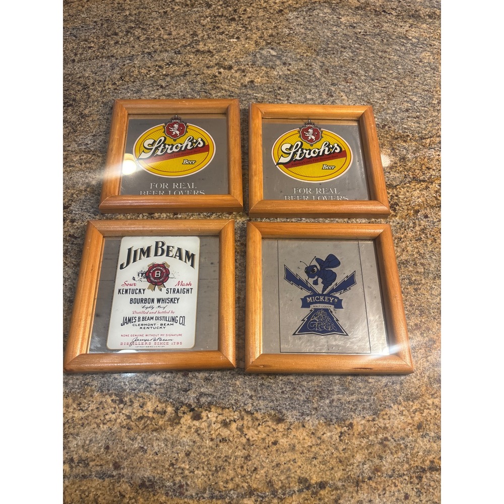 Vintage‎ Bar Mirror Set Stroh's Jim Beam Mickey's Malt Liquor Wood Frame 7x7 4pc